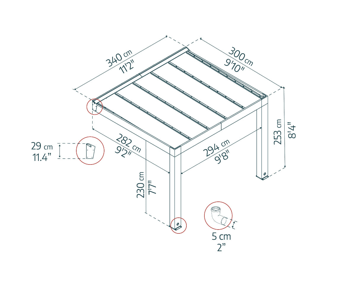 Helsinki Patio Cover 9'10" x 11'2" | Palram-Canopia Dimensions