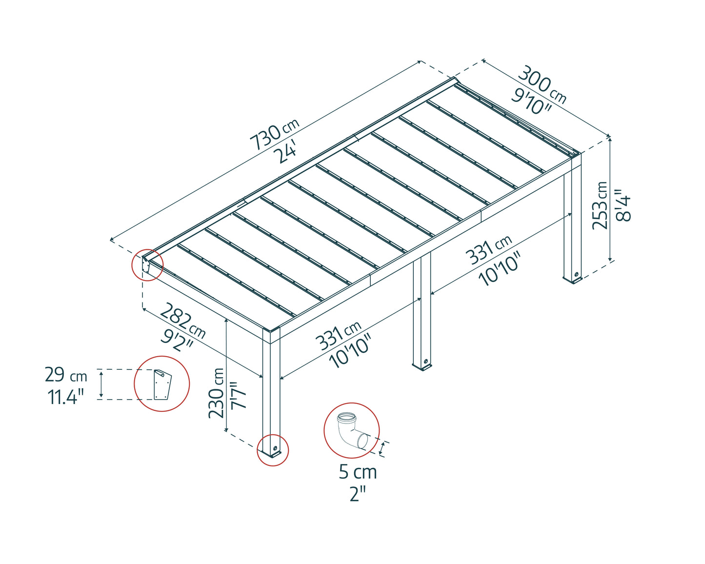 Helsinki Patio Cover 9'10" x 24' Cedar wood | Palram-Canopia - Dimensions