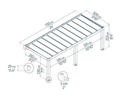 Helsinki Patio Cover 9'10" x 24' Cedar wood | Palram-Canopia - Dimensions