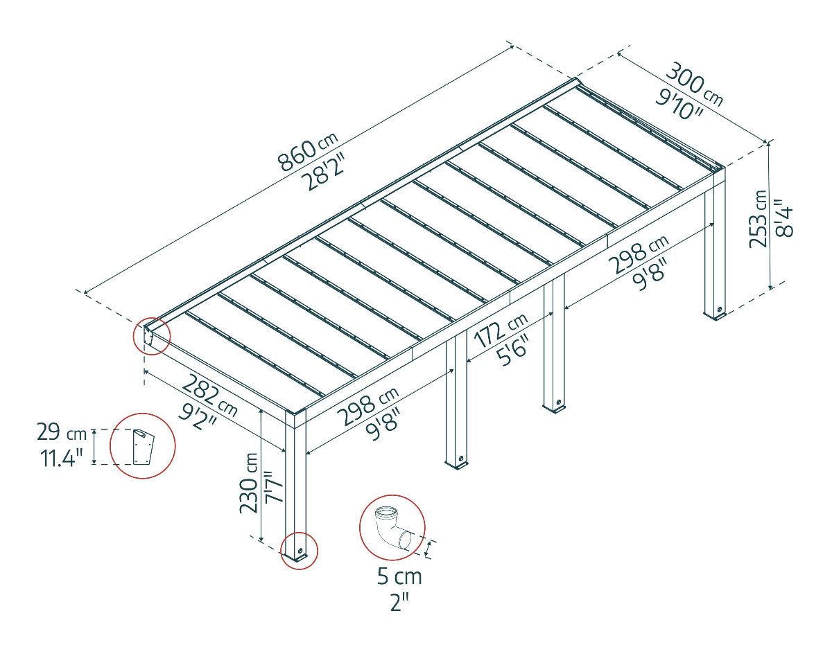 Helsinki Patio Cover 9'10" x 28'2" Cedar Wood| Palram-Canopia - Dimensions