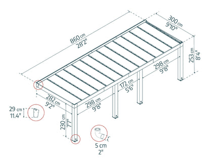 Helsinki Patio Cover 9'10" x 28'2" Cedar Wood| Palram-Canopia - Dimensions