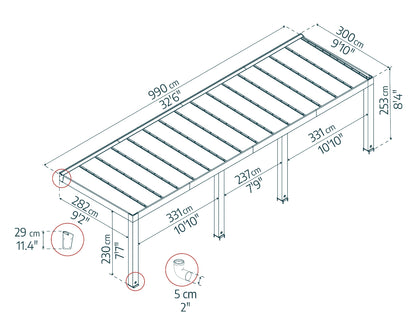 Helsinki Patio Cover 9'10" x 32'6" Cedar Wood| Palram-Canopia - Dimensions